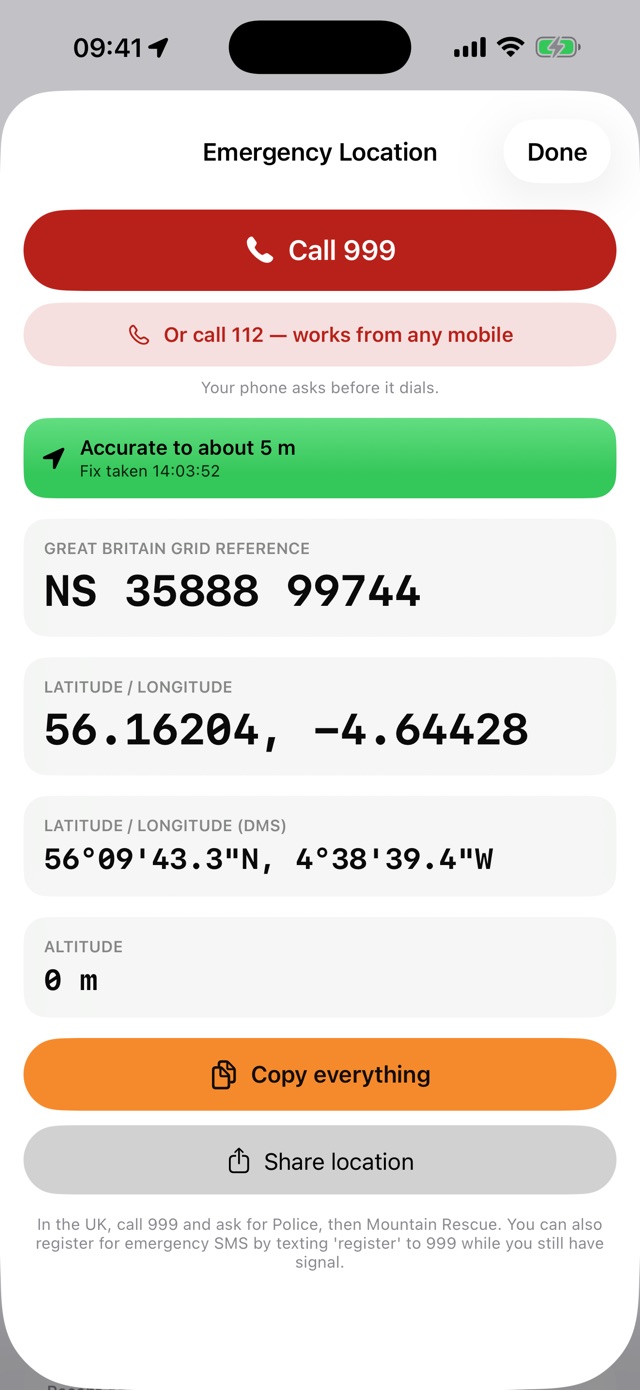 Emergency Location: a call button, GPS accuracy, grid reference and coordinates in large type