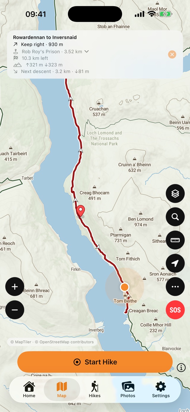 Following the West Highland Way from Rowardennan to Inversnaid: the route drawn on the map with the next turn, ‘Keep right in 930 m’, the next waypoint 3.52 km away, 10.3 km left and the climb to come