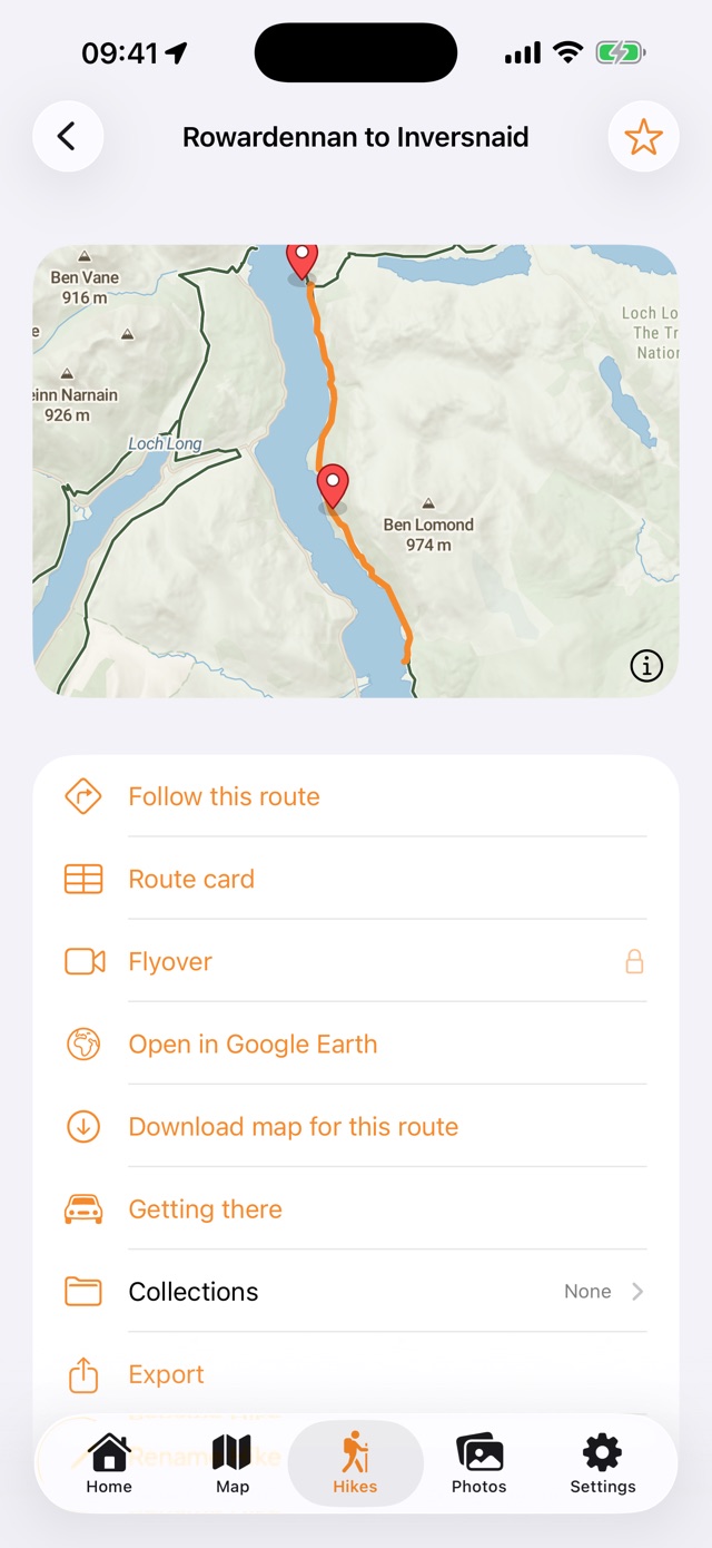 A saved hike: the route on the map, its elevation profile, waypoints and the actions available for it