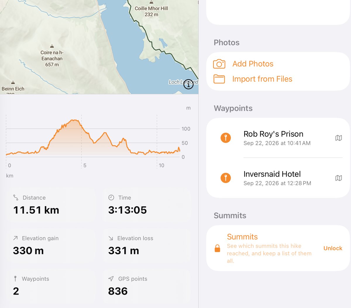 A recorded hike on iPad: the route on the map beside Ben Lomond, its elevation profile over 11.5 km, distance 11.51 km, time 3:13:05, elevation gain 330 m and loss 331 m, with notes, photos and the waypoints Rob Roy's Prison and Inversnaid Hotel