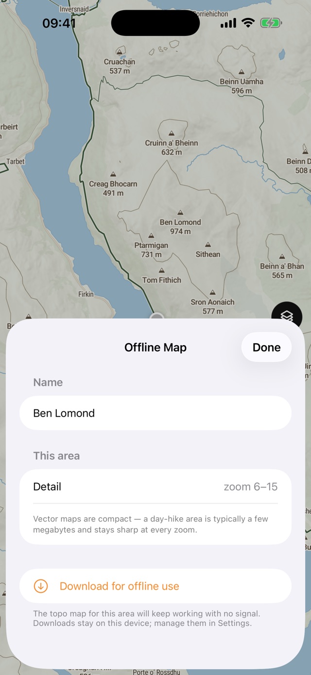 The Offline Map sheet over Ben Lomond: a name for the area, the detail included, and a Download for offline use button