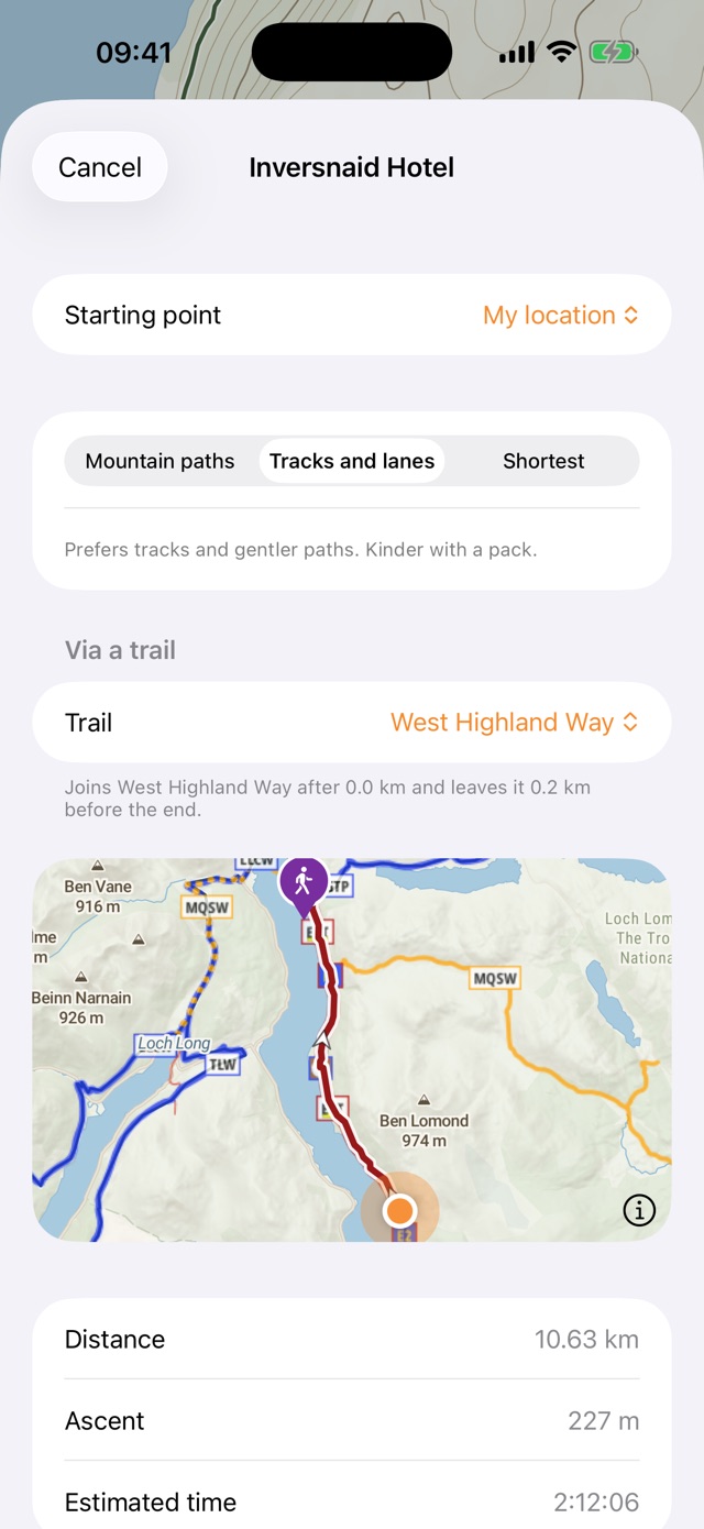 Walk here: a route to the Inversnaid Hotel along the West Highland Way with a preview map, 10.63 km, 227 m of ascent and an estimated 2 hours 12 minutes
