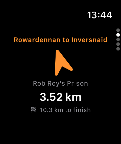 The Apple Watch app while following the West Highland Way: a bearing arrow to Rob Roy’s Prison, 3.52 km away, and 10.3 km to the finish
